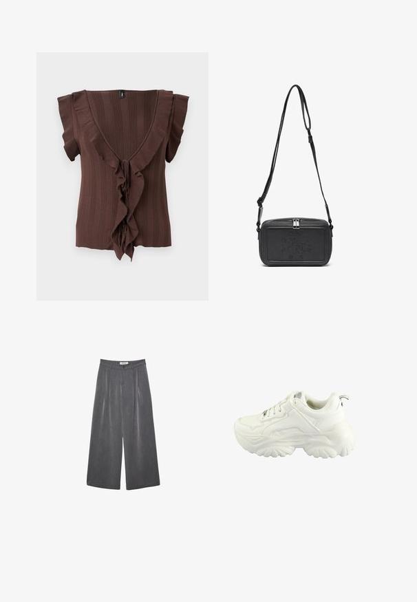 Braunes Stricktop mit tiefem V-Ausschnitt, kurzen Ärmeln und vertikal geripptem Textur, verziert mit einem Rüschenbesatz entlang der Vorderseite.; Faltenhose mit weitem Bein aus einem dunkelgrauen Stoff mit subtiler Textur. Verfügt über einen Knopfverschluss und ein klassisches Design des Bunds.; Weißer Sneaker mit einem klobigen Design, glattem Synthetik-Obermaterial, gepolstertem Kragen und einer strukturierten Gummisohle mit Diamantmuster.; Schwarze Leder-Crossbody-Tasche mit einem Reißverschluss, geprägtem Logo auf der Vorderseite und verstellbarem Riemen. Glatte Textur mit rechteckiger Form.; Weißer Haarklammer in Form einer Blume mit einem hellgelben Farbverlauf, ausgestattet mit einem Federmechanismus und einer glatten Kunststoffoberfläche.