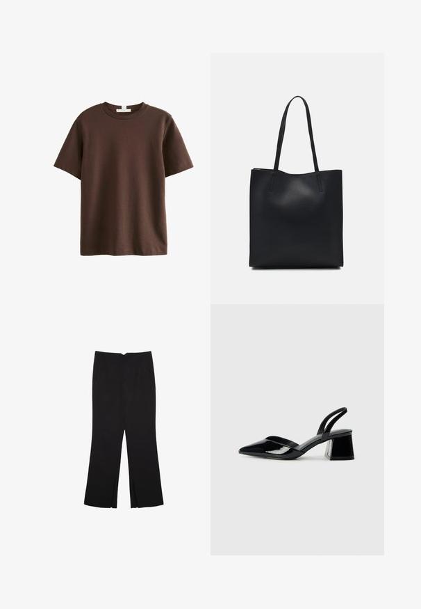 Next HEAVYWEIGHT SHORT SLEEVE CREW NECK STANDARD - Majica kratkih rukava s printom - chocolate brown; Crne hlače ravnog kroja, s prednjim džepovima i bočnim prorezima na rubu. Izrađene od mekog i glatkog materijala. Pogodne za razne prigode.; Crne lakirane kožne sandale s otvorenom petom i špicastim vrhom, s geometrijskom blok petom. Imaju elegantan, minimalistički dizajn i glatku teksturu.; Crna kožna torba za nošenje s glatkom teksturom, pravokutnim oblikom i dvije duge ručke. Nema vidljivih metalnih dijelova ili ukrasa.