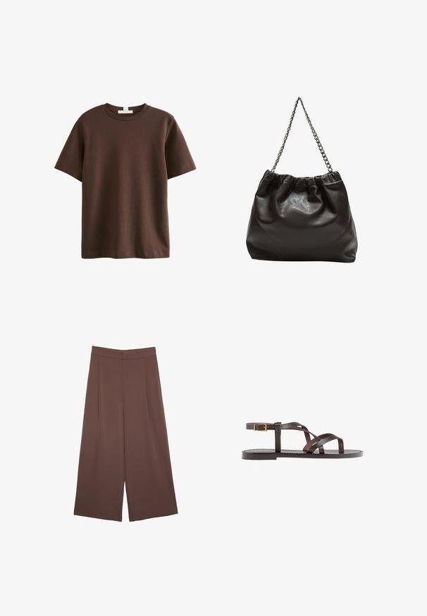 Next HEAVYWEIGHT SHORT SLEEVE CREW NECK STANDARD - Triko s potiskem - chocolate brown; Hnědé široké kalhoty s hladkou texturou, vysokým pasem a předními záhyby. Materiál je lehký a volně splývá.; Hnědé kožené sandály s kříženými pásky, uzavřením na přezku u kotníku a plochou podrážkou s minimem švů.; Hnědá kožená taška se sbíraným vrškem a řetízkovým popruhem. Hladký povrch s lesklým finišem a jemným švem na bocích.