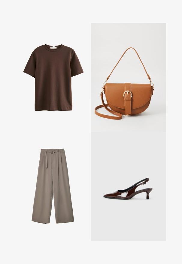 Next HEAVYWEIGHT SHORT SLEEVE CREW NECK STANDARD - T-Shirt print - chocolate brown; Weite Hose aus einem weichen, gedämpften grauen Stoff, mit einem taillierten Bund und Falten für zusätzliche Design-Details. Glatte Textur, keine Muster.; Braune Lackleder-Slingback-Schuhe mit spitzer Zehe und moderatem Absatz. Mit einem Schnallenriemen für einen sicheren Sitz. Glatte Textur.; Braune Leder-Crossbody-Tasche mit geschwungener Form, goldfarbenen Beschlägen und einer Schnallenakzentuierung. Verfügt über einen abnehmbaren Schultergurt.