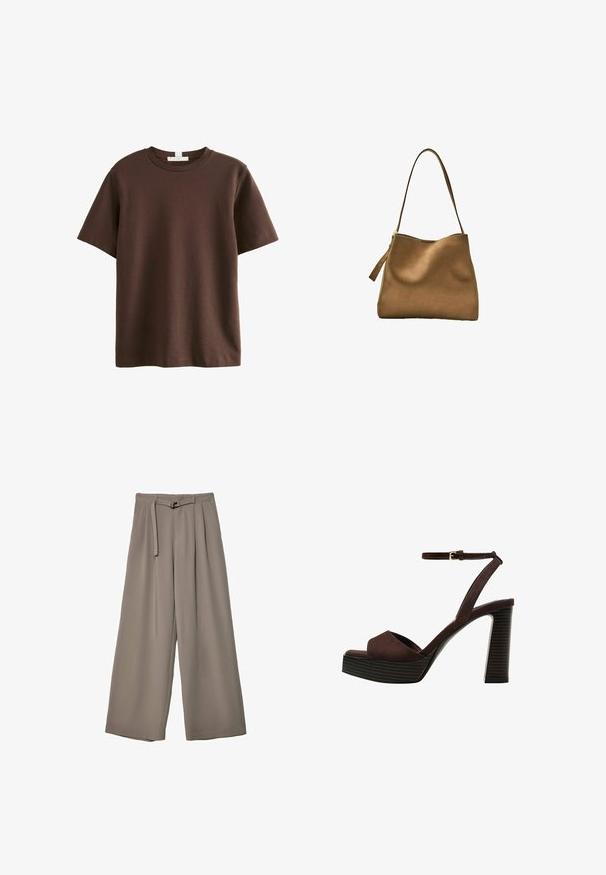 Next HEAVYWEIGHT SHORT SLEEVE CREW NECK STANDARD - T-shirt med print - chocolate brown; Breda byxor i ett mjukt, dämpat grått tyg, med belagd midja och veck för extra designdetaljer. Slät textur, inga mönster.; Bruna mocka högklackade sandaler med öppen tå, justerbar vristrem och en randig plattformssula.; Brun mockaskinnväska med en slät yta, rundad topp och en lång, platt axelrem. Har en dragkedjeöppning på ena sidan.