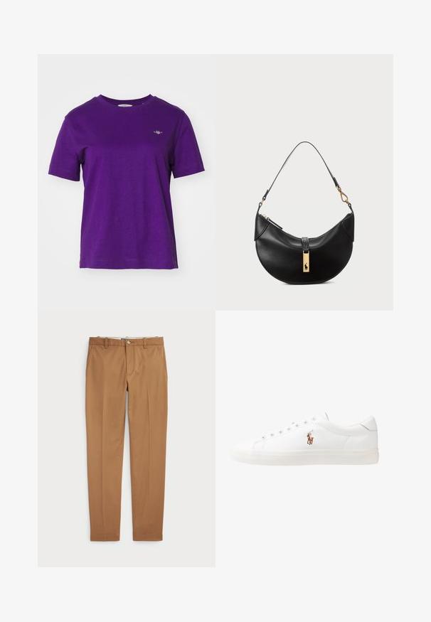 GANT SHIELD - Basic T-shirt - pansy purple; Brown cotton trousers with a slim-fit design, flat front, and standard pockets; smooth texture and hemmed cuffs.; White leather sneakers, low-top design, featuring a smooth texture, round toe, laced front, and a small embroidered logo on the side.; Black leather handbag in a half-moon shape. Features a gold hardware accent and a narrow strap. Smooth texture, zipper closure at the top.