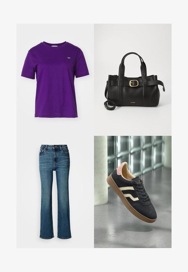 GANT SHIELD - Basic póló - pansy purple; Magas derekú kék farmernadrág, egyenes szárú dizájnnal, enyhe kopással és normál gombos-zipzáros záródással.; Tengerészsötét bőr sportcipők krémcsíkokkal, rózsaszín részletekkel a sarokon és egy strukturált világosbarna gumitalppal. Klasszikus alacsony fazon.; Fekete bőr kézitáska, amely strukturált kialakítással rendelkezik, dupla felső fogantyúval, arany tónusú csattal és a márka dombornyomott logójával az elején.