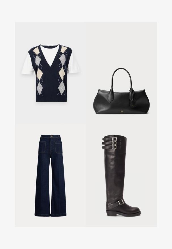 Chaleco de manga corta azul marino con una camiseta blanca debajo. Presenta un patrón de rombos en gris, beige y blanco. Diseño de escote en V.; Jeans de mezclilla oscura de pierna ancha con cintura alta, diseño de cinco bolsillos y costuras en contraste. Presenta un cierre de botón y una forma estructurada.; Bota de cuero negro hasta la rodilla con punta redonda, tres hebillas de cinta en la parte superior y un detalle de hebilla lateral. Suela plana y textura suave.; Bolso de mano de cuero negro con textura lisa, forma redondeada, dos asas y una pequeña etiqueta adjunta. Sutil logotipo de la marca en dorado en la parte frontal.