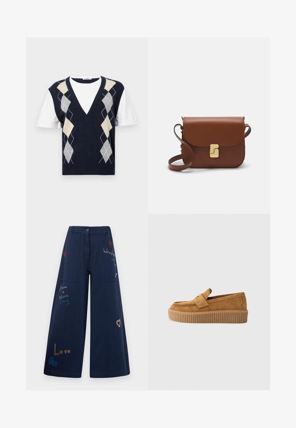 Tumesinise lühikeste varrukate vest valge T-särgiga all. Omab halli, beeži ja valgega ruudulist mustrit. V-kaeluse disain.; Tumesinine laiad püksid puuvillast mitmete taskutega. Omaduseks on värviline tikandtekst ja graafika, sealhulgas südamed ja mängulised fraasid.; Pruun nubukloafer ümmarguse varbaga, ribadega platvormi tallaga ja dekoratiivse rihmaga ülevalt.; Pruunist nahast käekott, millel on klapiga sulgur, kuldne riistvara, õlarihm ja sile tekstuur. Kompaktne ristkülikukujuline vorm.