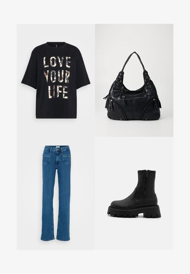 Black short-sleeve T-shirt with large beige and brown camouflage text "LOVE YOUR LIFE" on front.; Light blue denim flared jeans with a high waist, two front pockets, and subtle fading, featuring stitching along the seams for detail.; Black ankle boots made of matte synthetic material, featuring a side zipper, chunky platform sole with serrated edges, and reinforced stitching.; Black leather handbag with double handles, front zipper pockets, and metal rivet details, set against a plain light background.