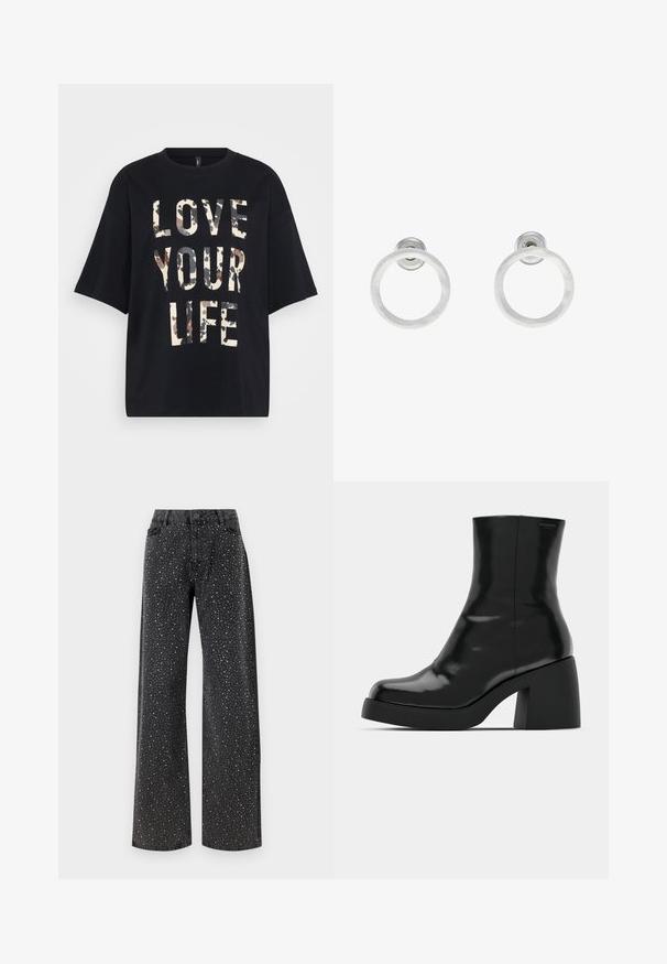 Camiseta negra de manga corta con gran texto en camuflaje beige y marrón "AMA TU VIDA" en el frente.; Noisy May NMJANNEL LOOSE - Vaqueros boyfriend - black denim; Botas de tobillo negras con un acabado brillante, punta cuadrada y un tacón grueso en bloque. El diseño presenta una silueta sin costuras y un minimalismo en la marca.; Pendientes de aro de metal plateado con una textura cepillada, que presentan un diseño circular y un respaldo transparente para un uso seguro.