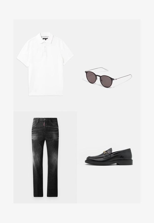 Hvid polo-shirt lavet af åndbart bomuldsblanding, med krave, korte ærmer og tre-knaps placket. Glat tekstur, ingen mønstre.; Sorte denim jeans med lige pasform. Har falmede områder, mindre slid, klassisk fem-lommer design og knaplukning.; Sorte læder loafers med en rund tå, der har guld hardware accent og syningsdetaljer, placeret på en lav, tekstureret gummisål.; Sorte runde solbriller med mørke linser og slanke metalarme. Inkluderer klare tempeltips og sølvdetaljer ved hængslet. Minimalistisk design.
