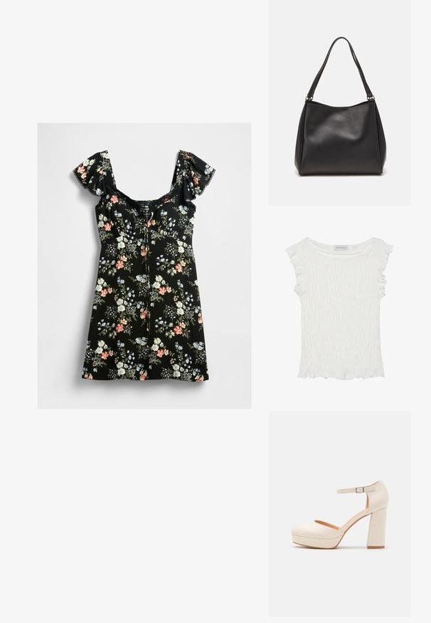 Balts īsām piedurknēm tops ar smalkās auduma smalkumu, volānu malām, brīvu dekoltē un strukturētu virsmu visā topā.; Melnā īsā kleita ar pūkainām piedurknēm, mežģīņu apdari ap kaklu un daudzkrāsainu ziedu rakstu rozā, baltā, zilā un zaļos lapu toņos.; Kremkrāsas platformas kurpes ar noapaļotu purngalu un regulējamu potītes siksnu. Iezīmējas ar masīvu blokveida papēdi ar nelielu koka akcentu.; Melna sintētiskā ādas rokas soma ar mīkstu tekstūru, hobo formas un divām plecu siksnām; iezīmējas ar spīdīgu apdari un minimālistisku dizainu.