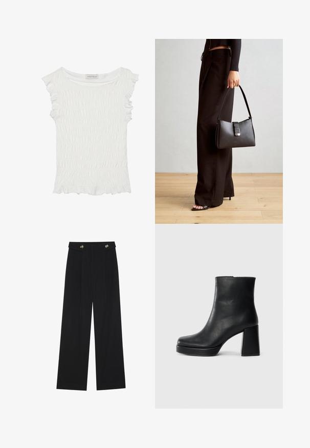 Top corto de manga corta en blanco con tejido fruncido y bordes con volantes, un escote relajado y un acabado texturizado en toda la prenda.; Pantalones de pierna ancha negros con cintura alta, detalles de botones en la cinturilla y pliegues en la parte delantera.; Botín de cuero negro con tacón cuadrado y suela de plataforma, visto de lado sobre un fondo blanco liso.; Bolso negro con forma estructurada, textura suave y un cierre metálico. Combinado con pantalones anchos negros y sandalias de dedo en un suelo de madera.
