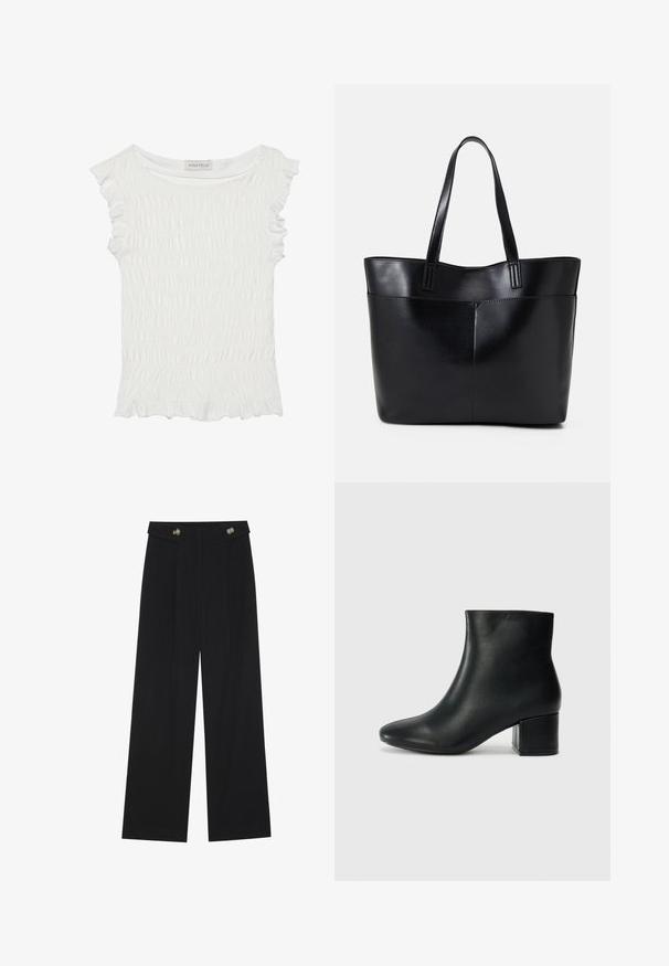 White short-sleeve top featuring smocked fabric with ruffled edges, a relaxed neckline, and a textured finish throughout.; Black wide-leg trousers with high waist, button details on waistband, and front pleats.; Black leather ankle boots with a pointed toe and a chunky heel. Smooth texture with minimal accents and a sleek, fitted design.; Black leather tote bag with two long handles, a smooth texture, and a structured shape. Features a front pocket for additional storage.