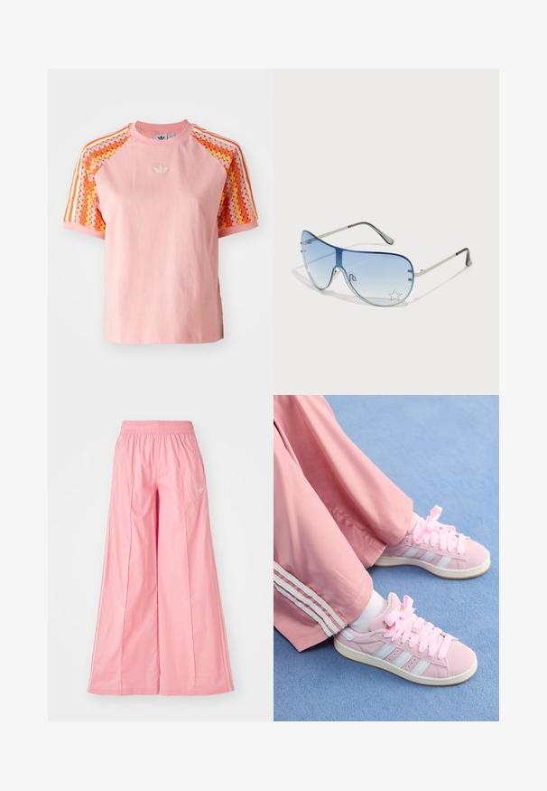 Růžové bavlněné tričko s krátkými rukávy, ozdobené látkou se vzorem vlnovky v oranžové a žluté barvě na ramenou a vyšitým logem.; Růžové kalhoty s volnými nohavicemi vyrobené z lehké látky, s elastickým pasem a jemnými bílými bočními pruhy. Malé logo na přední straně.; Růžové sportovní boty se světle modrými pruhy, kulatá špička a silné růžové tkaničky, spárované s růžovými tepláky se bílými bočními pruhy.; Pilotské sluneční brýle s modrými gradientními skly, stříbrným kovovým rámem a dekorativními hvězdnými akcenty na sklech. Hladký a elegantní design.