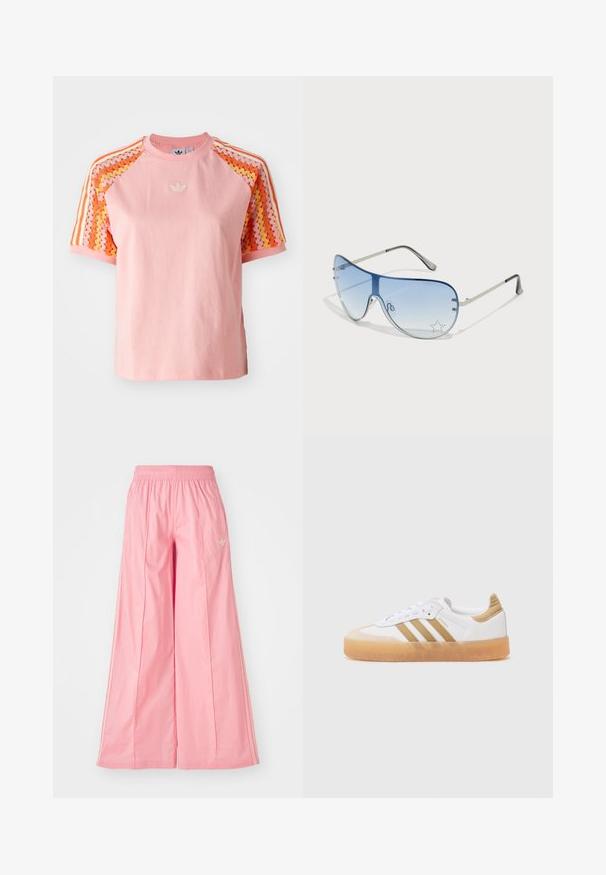 Rózsaszín pamut póló rövid ujjakkal, narancssárga és sárga cikk-cakk mintázatú anyaggal a vállakon, valamint hímzett logóval.; Rózsaszín, széles lábú nadrág, könnyű anyagból készült, elasztikus derékkal és finom fehér oldalsávokkal. Kicsi logó az elején.; Fehér sneaker bézs akcentusokkal, három csíkkal, lekerekített orral és átlátszó gumitalppal. Simas bőr és textil anyagok.; Pilóta napszemüveg, melynek áttetsző kék lencséje, ezüst fém kerete és díszes csillag díszítések találhatók a lencsén. Simogató és elegáns dizájn.