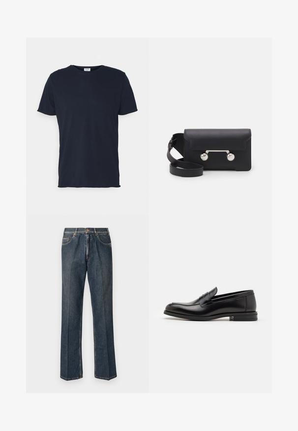 Tamsiai mėlynas medvilninis marškinėliai su apvalia iškirpte ir trumpomis rankovėmis, lygia tekstūra ir paprastu dizainu, be matomų raštų ar akcentų.; Tamsiai mėlynos tiesios kojos džinsai su priekiniais mygtukais, užtrauktuku, dviem priekinėmis kišenėmis ir matomomis vertikaliomis raukšlėmis nuo kelnių šonų.; Juodos odinės loafers, turinčios lygų paviršių, apvalią noselę ir dekoratyvinę juostą per priekinę dalį. Žemas krentantis kulnas, minimalistinis dizainas.; Juodas odinis kryžminis krepšys su sklendės uždarymu, sidabro spalvos detalėmis ir dviem apvaliais akcentais. Yra nusiimamas diržas. Lygus paviršius.