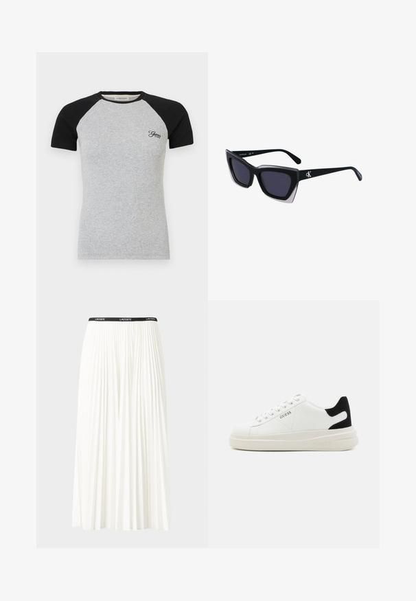 Raglan kortermet t-skjorte med grå kropp og svarte ermer; har ribbestruktur og liten brodert logo på brystet.; Plissert hvit skjørt med en svart elastisk midje som har "LACOSTE"-logoen. Midjelengde design med myk tekstur.; Hvite lær sneakers med tykk hvit såle, svart semsket hælforsterkning og preget logo på siden. Snøresystem med seks hull.; Store svarte solbriller i overdimensjonert størrelse med geometrisk form, med mørke linser og en kontrasterende grå detalj på rammen. Logo på armen.