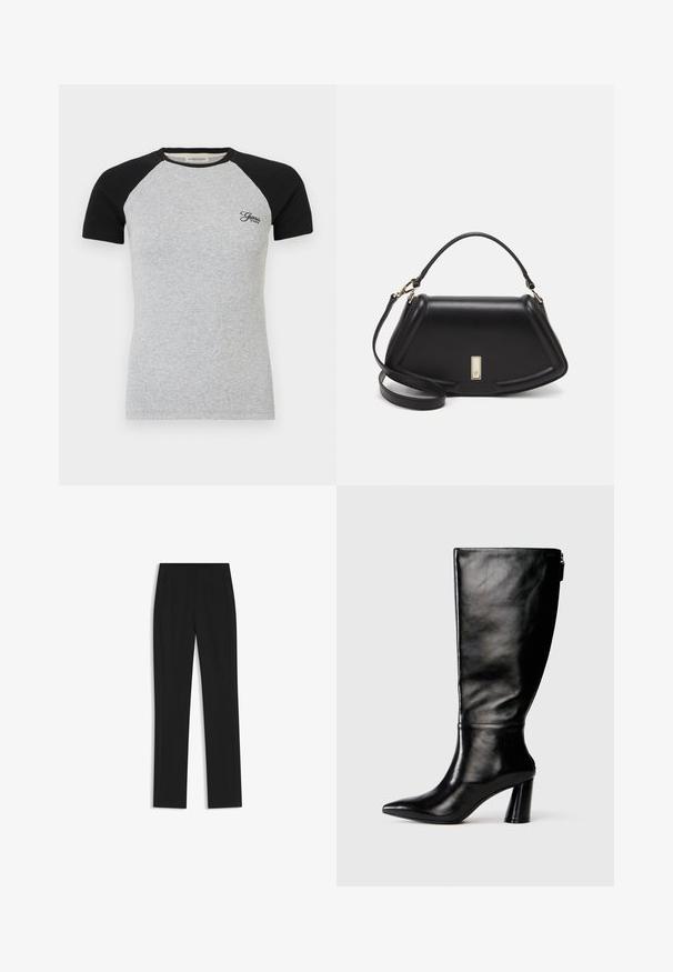 Raglan short-sleeve t-shirt with a grey body and black sleeves; features ribbed texture and small embroidered logo on the chest.; Black tailored trousers with a straight-leg design, featuring front pockets and a smooth, textured fabric. Neat, minimal detailing.; Knee-high black leather boot with a pointed toe, smooth texture, and a chunky heel. Features a zipper detail at the back.; Black leather handbag with a structured design, featuring a cropped shape, top handle, and gold hardware accent. Adjustable shoulder strap included.
