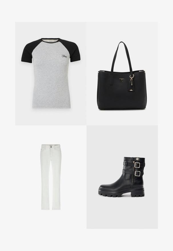 Tyrkysové tričko s raglánovými krátkými rukávy, šedé tělo a černé rukávy; obsahuje žebrovanou texturu a malé vyšívané logo na hrudi.; Bílé džíny s úzkým střihem, designem se 5 kapsami a kontrastním šitím. Obsahují zapínání na knoflík a subtílní značkovou etiketu na pase.; Černé kožené kotníkové boty s dvojitým přezkovým akcentem, zipovým uzávěrem, robustní podrážkou a hladkým povrchem. Vyznačují se odolným a stylovým designem.; Černá taška přes rameno vyrobená z texturovaného syntetického materiálu, s dvojitými uchy, zlatým logem a malou visačkou s akcentem.