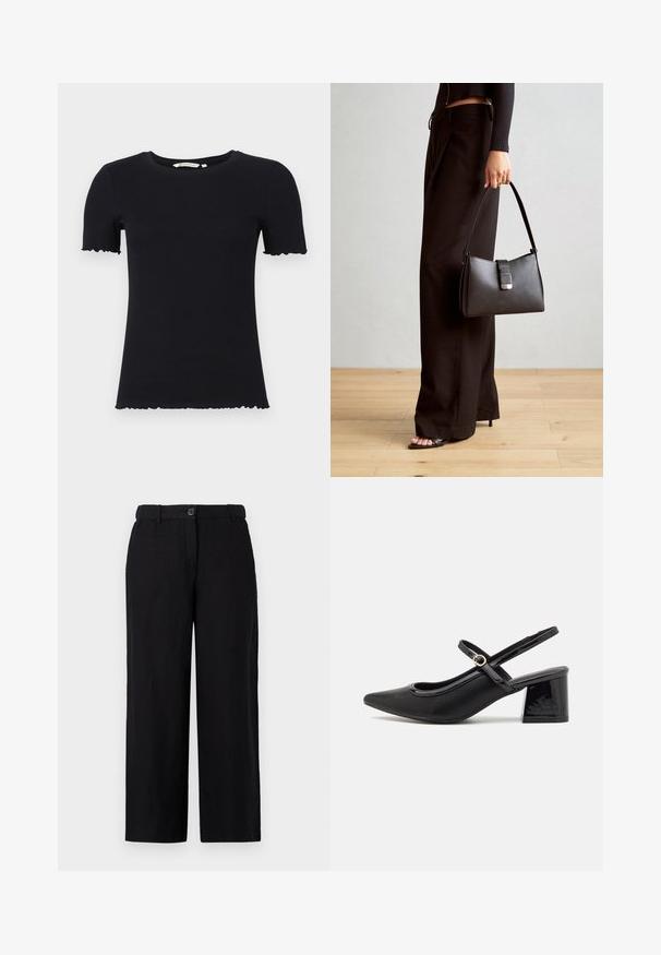 T-shirt preto de manga curta feito de tecido canelado, com um decote arredondado e bordas onduladas nas mangas e na bainha.; Calças largas pretas feitas de um tecido leve, com fecho frontal em botão e passantes para cinto. Textura suave sem padrões visíveis.; Sabrinas de cerâmica preta com salto bloco, bico apontado e um design com recortes arredondados. Apresenta um detalhe em fivela de tom dourado.; Bolsa preta com forma estruturada, textura suave e um fecho metálico. Combinada com calças largas pretas e sandálias de salto aberto sobre um chão de madeira.