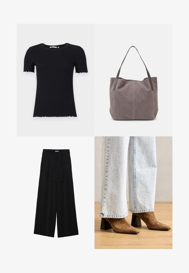 Musta lyhythihainen t-paita, joka on valmistettu ribatusta kankaasta, varustettuna pyöreällä pääntiellä ja aaltoilevilla reunoilla hihoissa ja helmassa.; Mustat leveät housut, joissa on teksturoitu kangas, joustava vyötärö ja irrotettava nauha vyötäröllä säädettävää istuvuutta varten.; Ruske tanssikengät, joissa on terävä kärki, loiva kantapää ja sileä pinta, yhdistettynä vaaleansinisiin leveisiin farkkuihin.; Harmaan mokkanahkainen olkalaukku, jossa on kaksi tummasta nahasta tehtyä kahvaa. Mukana on kirjontayksityiskohtia sivuilla, pehmeä rakenne ja tilava suuaukko.; Neljä hopeista rengasta eri muotoiluilla: kierretty pöytä, kerrokselliset kaaret, herkät kristallit ja sileä rengas, jossa on pieniä yksityiskohtia.