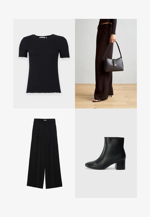 Melnas īsām piedurknēm T-krekls, izgatavots no ribota auduma, ar apaļu dekoltē un viļņotām malām uz piedurknēm un apakšmalas.; Melni platleņķa bikses ar teksturētu audumu, elastīgu jostu un noņemamu siksnu viduklī, kas nodrošina regulējamu piegulšanu.; Melna ādas potīšu zābaki ar smailu purngalu un masīlu papēdi. Gluda tekstūra ar minimāliem akcentiem un gludu, pieguļošu dizainu.; Melnā somiņa ar strukturētu formu, gludu tekstūru un metālu sprādzi. Saskaņota ar platām melnām biksēm un sandālēm ar atvērtu purngalu uz koka grīdas.