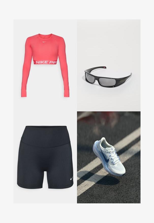 Nike Pro crop top s dlhým rukávom v jasne koralovej farbe, vyrobený z elastického materiálu. Má okrúhly výstrih a biele logo "NIKE PRO" na leme.; Čierne športové šortky Nike vyrobené z hladkej látky, s vysokým pásom a logom umiestneným na spodnej ľavej strane.; Biele atletické topánky s priedušným sieťovým zvrškom a modrými akcentmi. Vlastnosti zahŕňajú polstrovanú podrážku a ploché šnúrky. Stredná podrážka zobrazuje značku "Air Zoom".; Čierne slnečné okuliare Oakley s obopínajúcim rámom, tmavými obdĺžnikovými sklami a zakrivenými nožičkami na bielom pozadí.