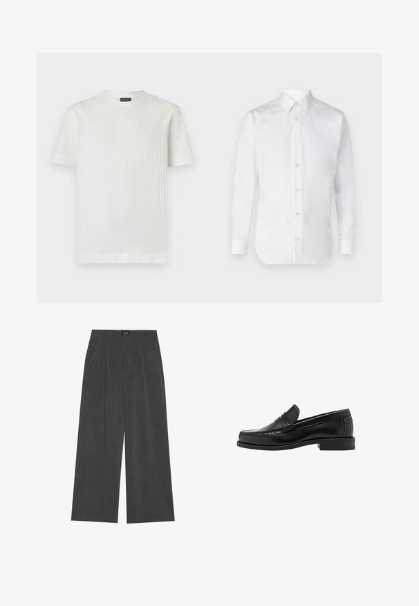 Bílé tričko z texturované látky se vzorem mřížky, s kulatým výstřihem a krátkými rukávy.; Bílá košile na knoflíky s dlouhými rukávy, vyrobená z hladké bavlněné tkaniny, s klasickým límcem a jemným leskem. Pět knoflíků vpředu.; Kalhoty s širokými nohavicemi z tmavě šedé tkaniny, s nařaseným předním dílem, dvěma postranními kapsami a plochým pasem. Hladká textura a precizní střih.; Černé kožené mokasíny s hladkým povrchem, prošíváním na špičce a nízkým podpatkem pro komfort a styl.