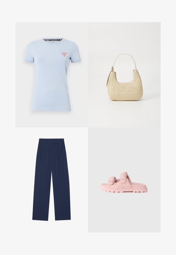 Světle modré bavlněné tričko s krátkými rukávy. Na levém prsu se nachází červené trojúhelníkové logo a uvnitř límce je černě vytištěná etiketa.; Námořnické modré široké kalhoty vyrobené z jemné látky, s předními záhyby, hladkou texturou a rovný střih bez viditelných kapes.; Růžové šlapky s dvojitými nastavitelnými suchými zipy, textilním svrchním materiálem a robustní, silnou podešví s hlubokými drážkami.; Tkaná slámová kabelka v béžové barvě s zakřiveným tvarem, krátkým držadlem a bočním zipem. Vyznačuje se texturovaným povrchem a minimalistickým designem.