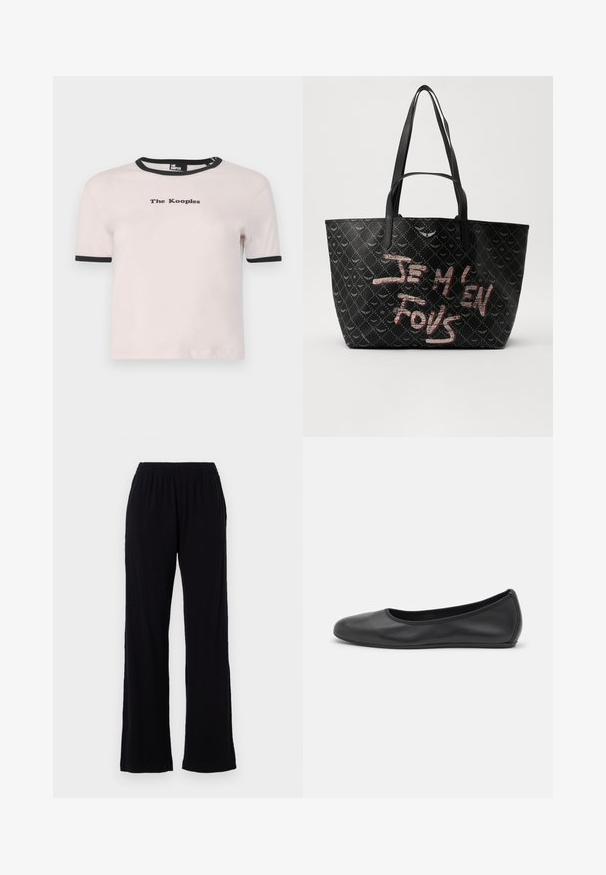 Tricou roz deschis cu mânecă scurtă, cu guler negru din bumbac rib. Prezintă logo-ul "The Kooples" în negru, centrat pe față. Material moale din bumbac.; Pantaloni negri, ușori, cu talie elastică și design cu picior drept. Textură moale, fără modele sau accente vizibile. Stil simplu și versatil.; Balerini din piele neagră, cu vârf rotund, textură netedă, detalii de cusătură minimale și un design al tălpii flexibil.; Geantă de umăr neagră, din material texturat, cu un model în diamant, curele pentru umăr și texte îndrăznețe în roșu și alb care citeste „JE M'EN FOUS.”