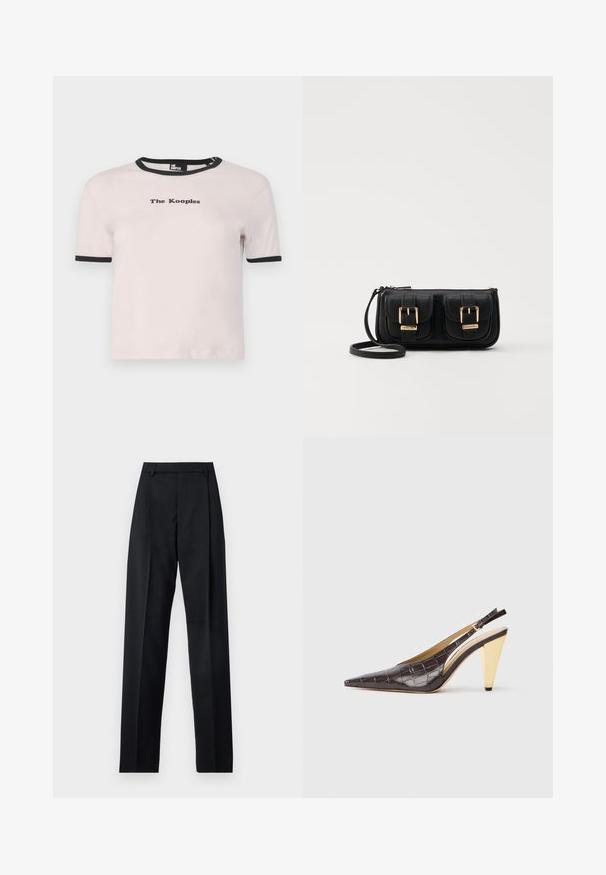 Light pink short-sleeve t-shirt with black ribbed neckline. Features "The Kooples" logo in black centered on the front. Soft cotton material.; Black trousers made from smooth fabric featuring a high waist, wide legs, front pleats, and classic belt loops. No side pockets visible.; Pointed-toe slingback heel in dark brown glossy faux crocodile leather. Features a gold-tone geometric heel and adjustable ankle strap.; Black leather crossbody bag with two front pockets, gold buckles, zipper closure, and a slim strap. Textured surface and compact rectangular shape.