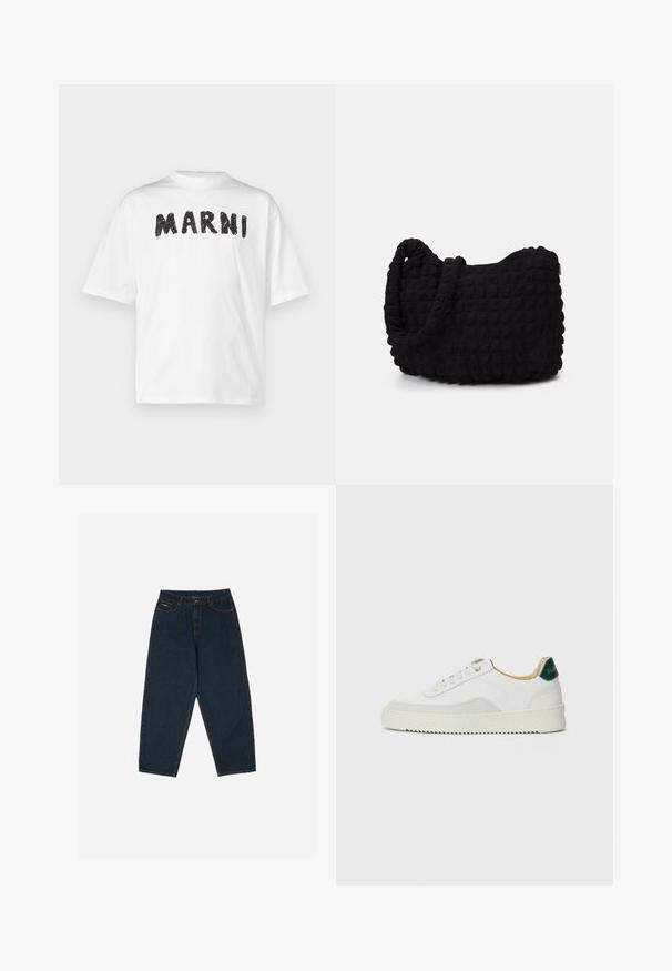 White cotton t-shirt featuring bold black "MARNI" lettering in a textured, brushstroke style; short sleeves and relaxed fit design.; Dark blue high-waisted jeans with a relaxed fit, featuring five pockets and a button closure. Made from denim with a smooth texture.; White sneaker with suede accents, rounded toe, flat laces, and a cream rubber sole. Features green branding on the heel.; Black fabric bag with a textured, quilted pattern. Rounded shape, short, thick handles, and a soft, flexible structure.