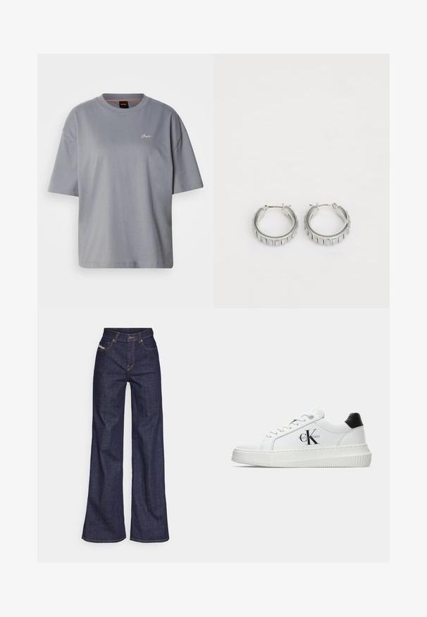 Gray short-sleeve t-shirt, loose-fit design, made of soft cotton, featuring a minimal logo in white on the chest, round neckline, smooth texture.; Dark blue wide-leg jeans in denim fabric with a high waist, featuring orange stitching, five-pocket design, and a button closure.; White low-top sneaker with black heel tab, platform sole, laces, and Calvin Klein "CK" logo on the side.; Silver hoop earrings with a textured design featuring vertical ridges. Circular shape with a secure latch closure. Smooth finish.