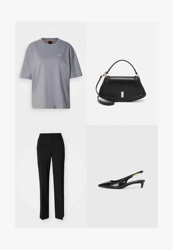 Grå kortermet t-skjorte, løs passform, laget av myk bomull, med et minimalt logo i hvitt på brystet, rund hals, glatt tekstur.; Sorte skreddersydde bukser med rett silhuett, med en glatt tekstur og klare pressede bretter foran. Ingen synlig maskinvare.; Sorte lærreim hæler med spiss tå, som har en slank hæl og en gullfarget detalj på den justerbare stroppen. Glatt tekstur.; Sort lærveske med en strukturert design, som har en avkortet form, topphåndtak og detaljer i gull. Justerbar skulderstropp inkludert.