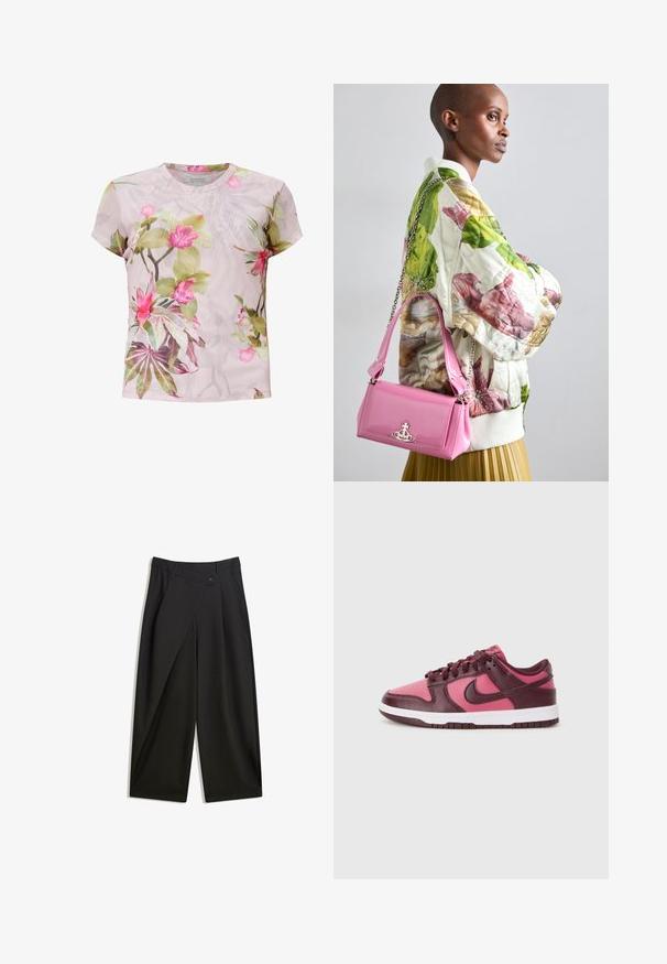 Kortærmet blomsterbluse i let stof. Har et pink og grønt botanisk print med livlige blomster på en lys baggrund.; Sorte vidde bukser lavet af glat stof. Har en frontfold, knaplukning og en skræddersyet talje for en strømlinet pasform.; Nike Dunk Low sneakers er designet med en kombination af mørk pink og burgunder læder. Designet inkluderer en hvid mellemsål og en perforeret tåboks for åndbarhed.; Quilted blomster bomberjakke i grøn, pink og beige; parret med en glinsende pink håndtaske med kædestrop og logo hardware.