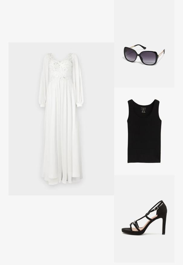 Top nero senza maniche realizzato in cotone biologico, con scollatura tonda e spalline. Texture liscia con orlo dritto. Etichetta di taglia S visibile.; Abito lungo bianco con corpino in pizzo ricamato, maniche lunghe a sbuffo e gonna fluente. Tessuto morbido e materiale leggero.; Sandalo con tacco alto in suede nero, dotato di fasce incrociate, un accentuazione decorativa in tono argento e una suola a piattaforma per aumentare l'altezza.; Occhiali da sole neri oversize con lenti sfumate, montatura spessa e dettagli in catena dorata sulle astine.; Clutch metallico argento con un design a busta angolare, texture liscia e colore interno a contrasto, tenuto in mano da una persona che indossa un cappotto nero.