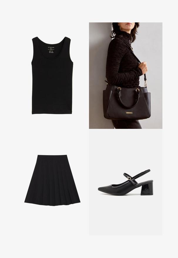 Juodas tankų marškinėlis, pagamintas iš organinės medvilnės, su apvaliu kaklu ir petnešėlėmis. Lygus paviršius su tiesia apačia. Matoma S dydžio etiketė.; Juoda plisėta sijonas, pagamintas iš tekstūruotos medžiagos su prigludusia juosmens juosta. Siekia kelių ilgį, turi sklandžią, švarią siluetą.; Juodi patentinio odos slingback aukštakulniai su smailiu pirštu, apvaliu išpjovimu ir blokiniu kulnu. Papuošti auksiniu juostos akcentu.; Juodas rankinės maišelis su struktūrizuota paviršiumi, dvigubais viršutiniais rankenėlėmis ir reguliuojamu peties diržu. Įrengtas aukso spalvos furnitūra ir šoninės kišenės.