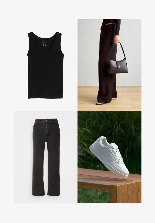Top negro sin mangas hecho de algodón orgánico, con un escote redondo y tirantes. Textura suave con un dobladillo recto. Etiqueta de tamaño S visible.; Vaqueros anchos negros de mezclilla, con cierre frontal de botón, trabillas para el cinturón y cinco bolsillos, con una textura ligeramente deslavada.; Zapatilla blanca con un upper sintético suave, caja de dedos perforada, cordones planos y una suela texturizada, exhibida sobre una superficie de madera.; Bolso negro con forma estructurada, textura suave y un cierre metálico. Combinado con pantalones anchos negros y sandalias de dedo en un suelo de madera.