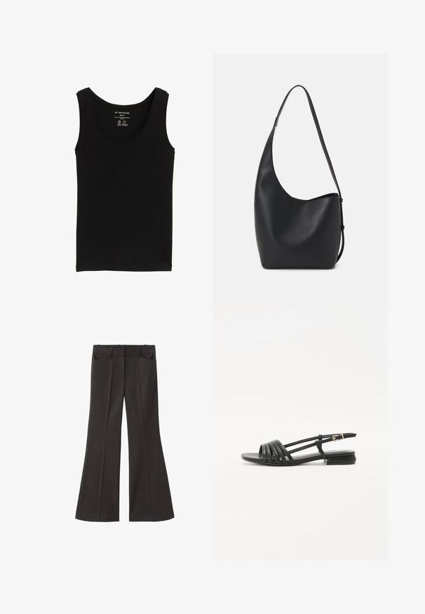 Black tank top made from organic cotton, featuring a round neckline and shoulder straps. Smooth texture with a straight hem. Size S label visible.; Black flared trousers with a high waist; features two front pockets and a smooth fabric texture. Suitable for various occasions.; Black flat sandals with a strappy design, featuring multiple leather straps and a slim ankle buckle. The sole is flat and rectangular.; Black leather hobo bag with a smooth texture, curved shape, and single adjustable strap; features a wide opening at the top.