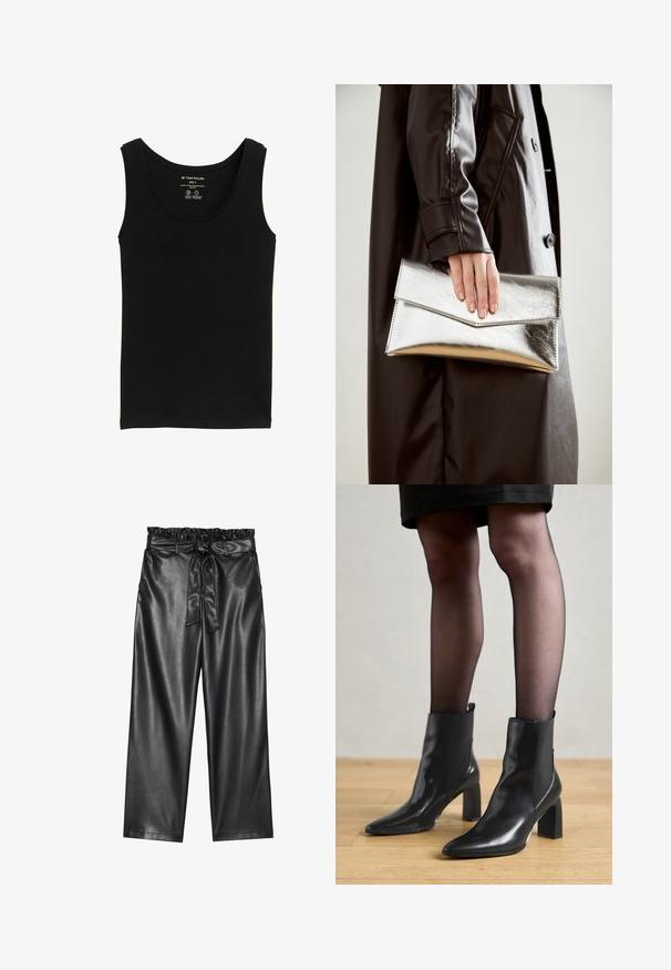 Musta toppi, joka on valmistettu luomupuuvillasta, ja jossa on pyöreä pääntie sekä olkahihnat. Sileä pinta ja suora helma. Koko S -merkintä näkyvissä.; Mustat tekonahkaleggingsit, joissa on joustava, röyhelöillä varustettu vyötärö ja irrotettava solmiovyö. Sileä pinta ja minimaalinen kiilto.; Mustat nahkasaappaat nilkkamittaisella varrella, terävässä kärjessä, paksussa neliömassassa ja tyylikkäässä muotoilussa. Varustettu joustavilla sivupaneeleilla, jotka helpottavat pukemista.; Hopeinen metallinen clutch-angular kirjekuorimuotoilu, sileä pinta ja kontrastivärinen sisustus, pidetään kädessä, jossa on musta takki.; Hopea renkaankorvakoru kiiltävällä pinnalla, jossa on pieniä kultaisia yksityiskohtia ja pyöreä muoto, käytetty korvalla.