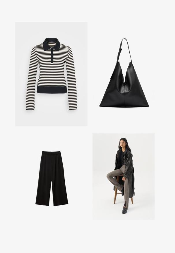 Pasiasta koszulka polo z długim rękawem w odcieniach kremowych i granatowych, z kołnierzykiem, zapięciem na guziki oraz ściągaczami przy mankietach i dole.; Czarne szerokie spodnie z wysokim stanem, z plisami, gładką fakturą i bez widocznych kieszeni ani ozdób.; Czarny skórzany trencz z guzikami i detalem pasa, w połączeniu z jasnobrązowymi dopasowanymi spodniami i czarnymi loafersami, siedzący na drewnianym stołku.; Czarna skórzana torebka w kształcie trójkąta z pojedynczym regulowanym paskiem na ramię i miękką, lekko opadającą strukturą.