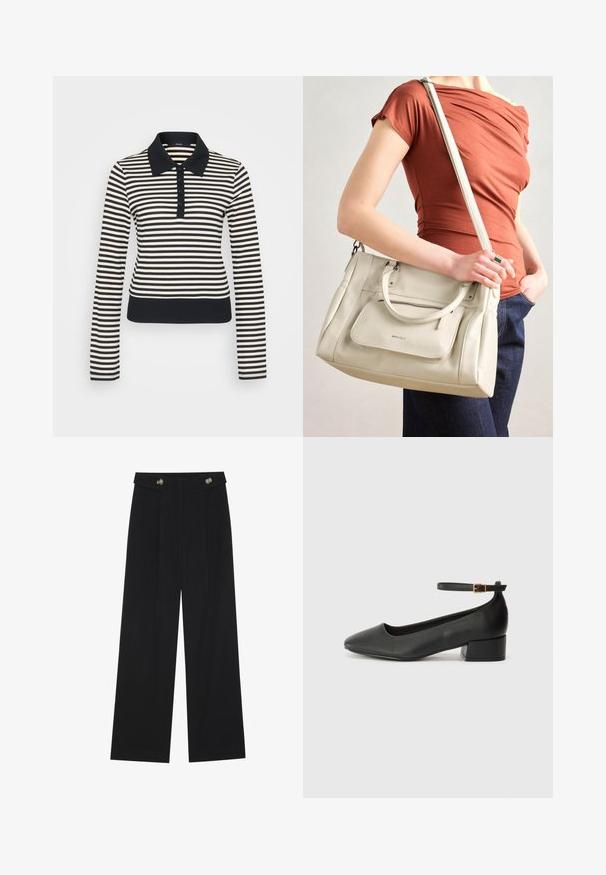 Gestreepte langermige polo in roomwit en marineblauw, met een kraaghalslijn, knoopsluiting en geribde cuffs en onderrand.; Zwarte wijde broek met hoge taille, knoopdetails op de tailleband en plooien aan de voorkant.; Zwarte leren pump met een spitse neus en een lage blokhak. Beschikt over een enkelband met een goudkleurige gespsluiting. Gladde textuur.; Witte leren handtas met dubbele handgrepen en een afneembare schouderband, met een voorzak met rits en een gladde textuur. Draagend aan de arm van een persoon.