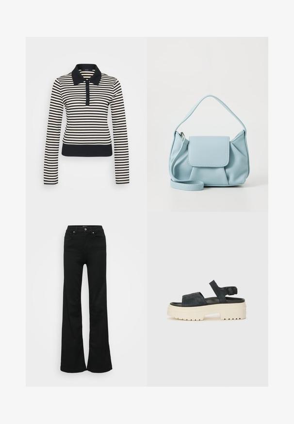 Polo de manga longa riscado em creme e azul-marinho, apresentando um decote com colarinho, pala de botões e punhos e bainha canelados.; Jeans ajustados pretos em denim, com cintura alta, cinco bolsos e fecho de botão metálico. Textura suave com detalhes mínimos.; Sandálias de plataforma em camurça preta com uma sola branca e grossa, tiras frontais largas e fivela ajustável no tornozelo. Sola texturizada para melhor aderência.; Bolsa de mão de couro azul claro com alça superior, bolso frontal com aba e alça de pulso destacável, em fundo branco.