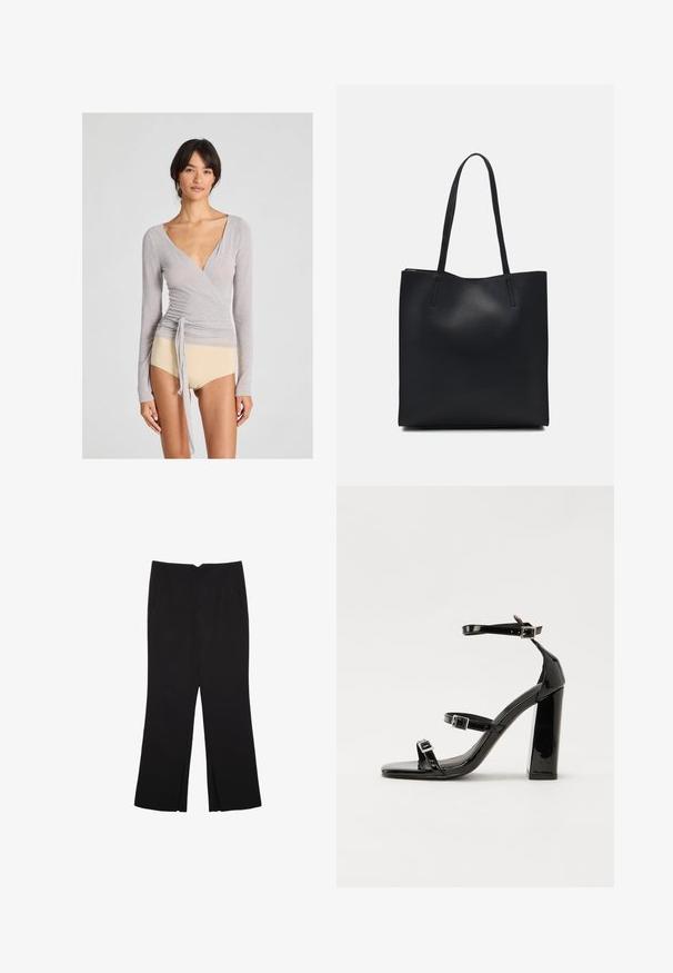 Grauer langärmeliger Wickeloberteil aus leichtem Stoff mit tiefem V-Ausschnitt, seitlichem Bindeband und taillierter Silhouette, kombiniert mit beigen Hosen.; Schwarze Hose mit geradem Schnitt, ausgestattet mit Fronttaschen und Seitenschlitzen am Saum. Hergestellt aus weichem, glattem Stoff. Geeignet für verschiedene Anlässe.; Schwarze patentierte Sandalen mit Absatz, quadratischer Spitze, Knöchelriemen und silbernen Schnallen. Mit einem stabilen Blockabsatz für mehr Stabilität.; Schwarze Laptoptasche aus Leder mit glatter Textur, rechteckiger Form und zwei langen Griffen. Keine sichtbaren Beschläge oder Verzierungen.