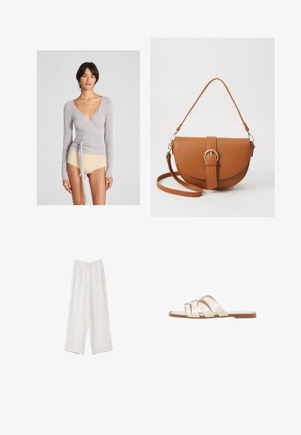Šedý dlouhý rukáv zavinovací top z lehkého materiálu s hlubokým výstřihem do V, s bočním zavázáním a přiléhavým střihem, zkombinovaný s béžovými kalhotami.; Bílé široké kalhoty vyrobené z lehké tkaniny. Mají elastický pas se šňůrkou a boční kapsy. Hladká textura.; Ploché sandály s hnědou gumovou podrážkou, navržené se třemi překrývajícími se bílými koženými řemínky a malým mašlí uprostřed.; Hnědá kožená křížová taška s zakřiveným tvarem, zlatými detaily a akcentem s přezkou. Obsahuje odnímatelný popruh na rameno.
