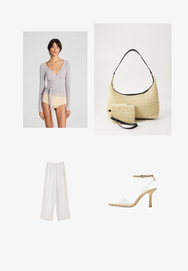 Grauer langärmeliger Wickeloberteil aus leichtem Stoff mit tiefem V-Ausschnitt, seitlichem Bindeband und taillierter Silhouette, kombiniert mit beigen Hosen.; Weiße weit geschnittene Hose aus leichtem Stoff. Mit einem elastischen Bund und Kordelzug sowie Seitentaschen. Glatte Textur.; Durchsichtige Sandale mit transparentem Obermaterial, beigem Fußbett und einem schlanken Knöchelriemen. Sie hat eine spitz zulaufende Zehenpartie und einen dünnen, hohen Absatz.; Geflochtene Strohtasche mit geschwungener Silhouette, ausgestattet mit einem glatten schwarzen Ledergriff und einem passenden kleinen Beutel, der mit einem Handgelenkriemen befestigt ist.
