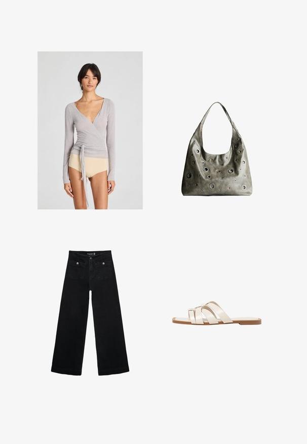 Grauer langärmeliger Wickeloberteil aus leichtem Stoff mit tiefem V-Ausschnitt, seitlichem Bindeband und taillierter Silhouette, kombiniert mit beigen Hosen.; Schwarze, weit geschnittene Jeans mit hoher Taille, die zwei Fronttaschen und metallene Knopfakzente aufweist. Der Stoff hat eine glatte Textur.; Flache Sandalen mit einer honigfarbenen Gummisohle, gestaltet mit drei überlappenden weißen Lederriemen und einem kleinen Schleifendetail in der Mitte.; Olivgrünes Lederhandtäschchen mit einem lässigen Design, das verschiedene runde Ausschnitte in unterschiedlichen Größen und Akzente in dunkleren und helleren Farbtönen aufweist.