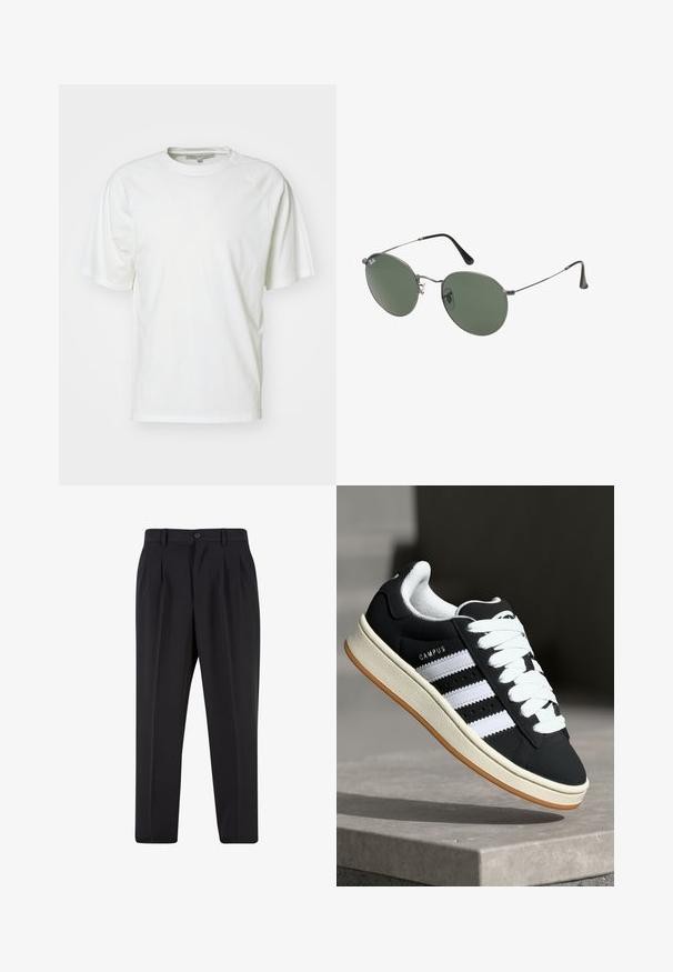 Valge T-särk, mis on valmistatud pehmest puuvillast; omaduseks on ümmargune kaelus, lühikesed raglanvarrukad ja lõdvestatud lõige; minimalistlik disain, ilma mustrite või aktsentideta.; Mustad püksid, millel on voltidega eesmine disain, valmistatud siledast kangast. Omab nup closure ja vöökinnitusauke; sirge jalgade lõige.; Mustad vabaajajalats valgete triipudega, paeltega kinnitatav, tekstuurse pealiskihiga ja kummist tald. Küljel on kirjas "CAMPUS" logo ja tald on kolmnurga kujuline.; Metallist raamistikuga prillid ovaalsete roheliste läätsedega. Õhuke hõbedane metallraam ja mustad kõrvakatted. Minimalistlik disain, nähtavad logod puuduvad.