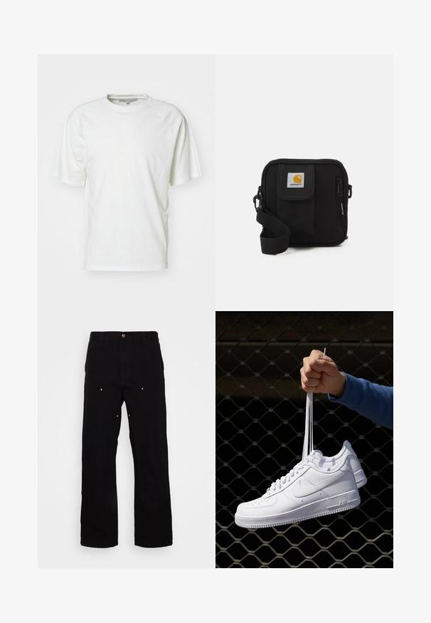 Hvit t-skjorte laget av myk bomull; har rund hals, korte raglanermer og en avslappet passform; minimalistisk design uten mønstre eller detaljer.; Svarte denimbukser med rette ben, med gullbekledning og synlig søm på front- og baklommene.; Hvite skinnsneakers med perforeringer, rund tå, flat såle og tykke lisser, med en synlig swoosh-logo og "AIR" på hælen.; Svart crossover-veske med en glidelåslukking hovedrom, frontlomme, justerbar stropp og et synlig logo-patch på klaffen.