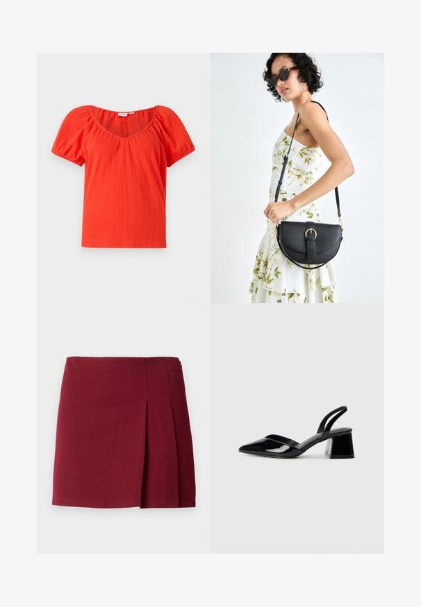 Top curto de manga curta, vermelho, com uma gola ampla e mangas bufantes franzidas, apresentando um tecido leve e texturizado.; Saia mini pregueada em burguês com uma textura suave, cintura ajustada e fecho lateral com zíper. Design simples e minimalista, sem estampados.; Sandy em verniz preto com salto slingback, ponta afilada e salto geométrico. Apresenta um design elegante e minimalista com textura suave.; Bolsa de couro preta com forma curva, alça destacável e detalhes em dourado. A bolsa possui uma aba com detalhe de fivela.