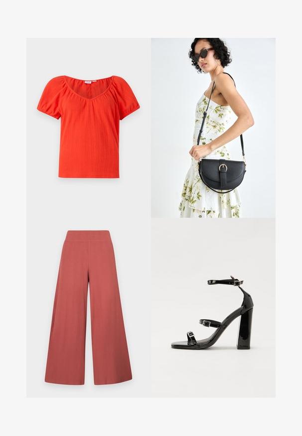 Red ribbed short-sleeve top with a wide neckline and gathered puff sleeves, featuring a lightweight, textured fabric.; Wide-leg trousers in a rust color, made from textured fabric with vertical ribbing. Features a high, elastic waistband.; Black patent high-heeled sandals with two buckle straps, square toe, and a chunky block heel, featuring a smooth, glossy texture.; Black leather handbag with a curved shape, detachable strap, and gold hardware. The bag features a flap with a buckle detail.