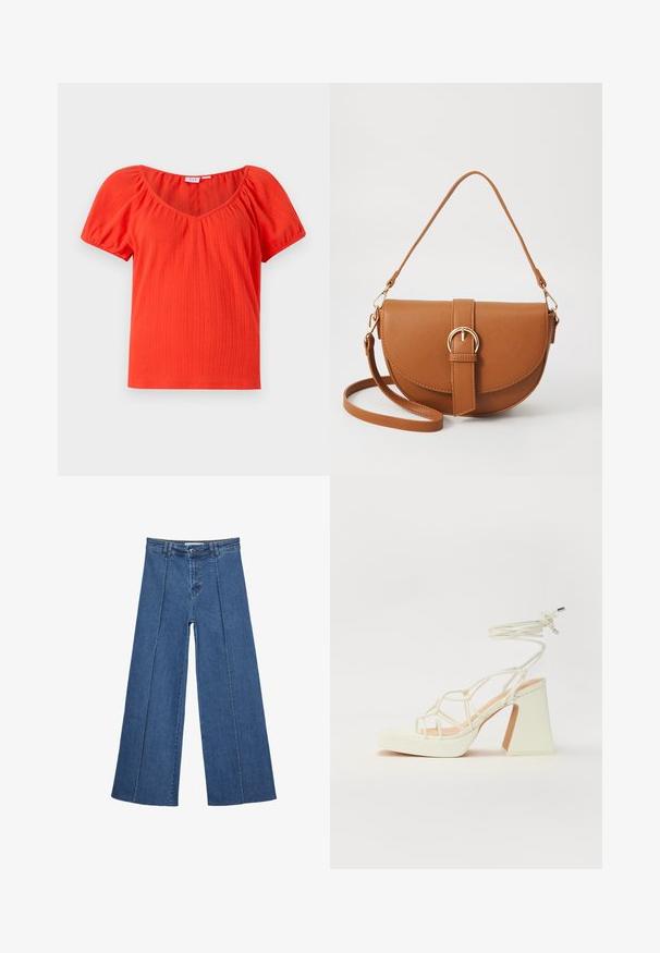 Rød ribbet kortærmet top med en bred halsudskæring og samlede pufærmer, fremstillet af et letvægts, tekstureret stof.; Bredde ben denim jeans i mellemblå, med høj talje, knaplukning og kontrasterende lodrette sømdetaljer foran.; Hvide højhælede sandaler med en kraftig hæl, der har et stropdesign og ankelbinding. Glat tekstur med en platform foran for ekstra højde.; Brun læder crossbody taske med en buet form, guldfarvet hardware og en spændeaccent. Har en aftagelig skulderrem.